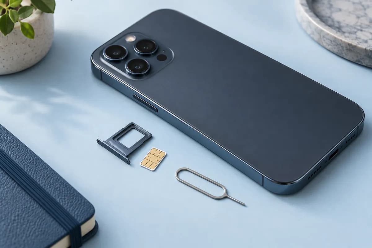 Смартфон, SIM-карта и лоток на голубой поверхности