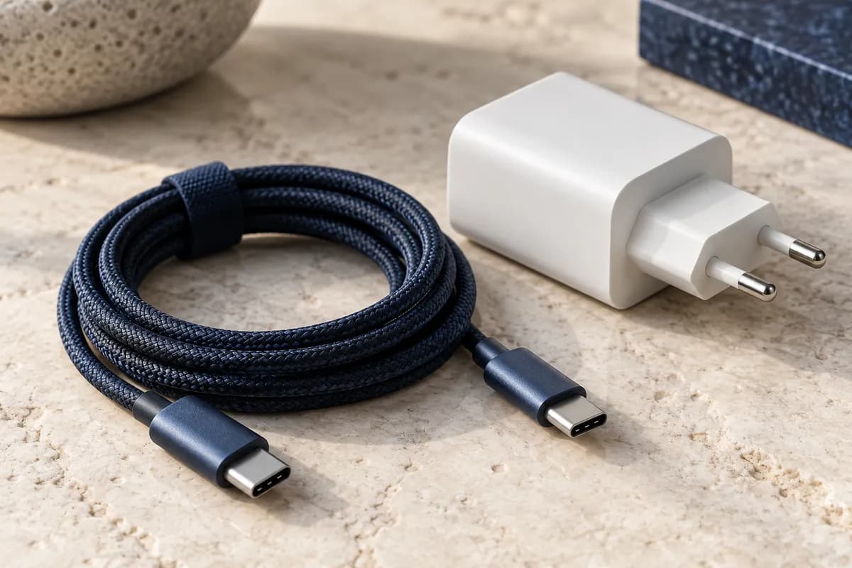 Разъём USB-C, кабель и белый сетевой адаптер