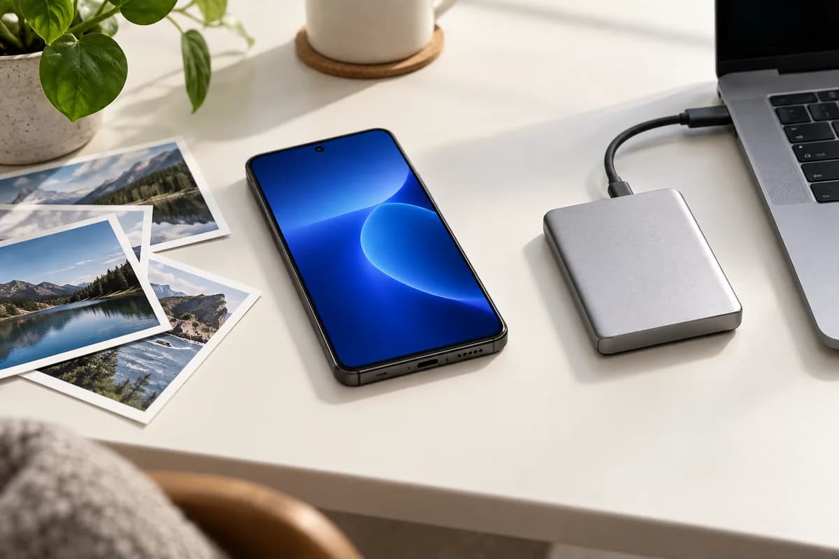 Смартфон, фотографии и накопитель рядом с ноутбуком