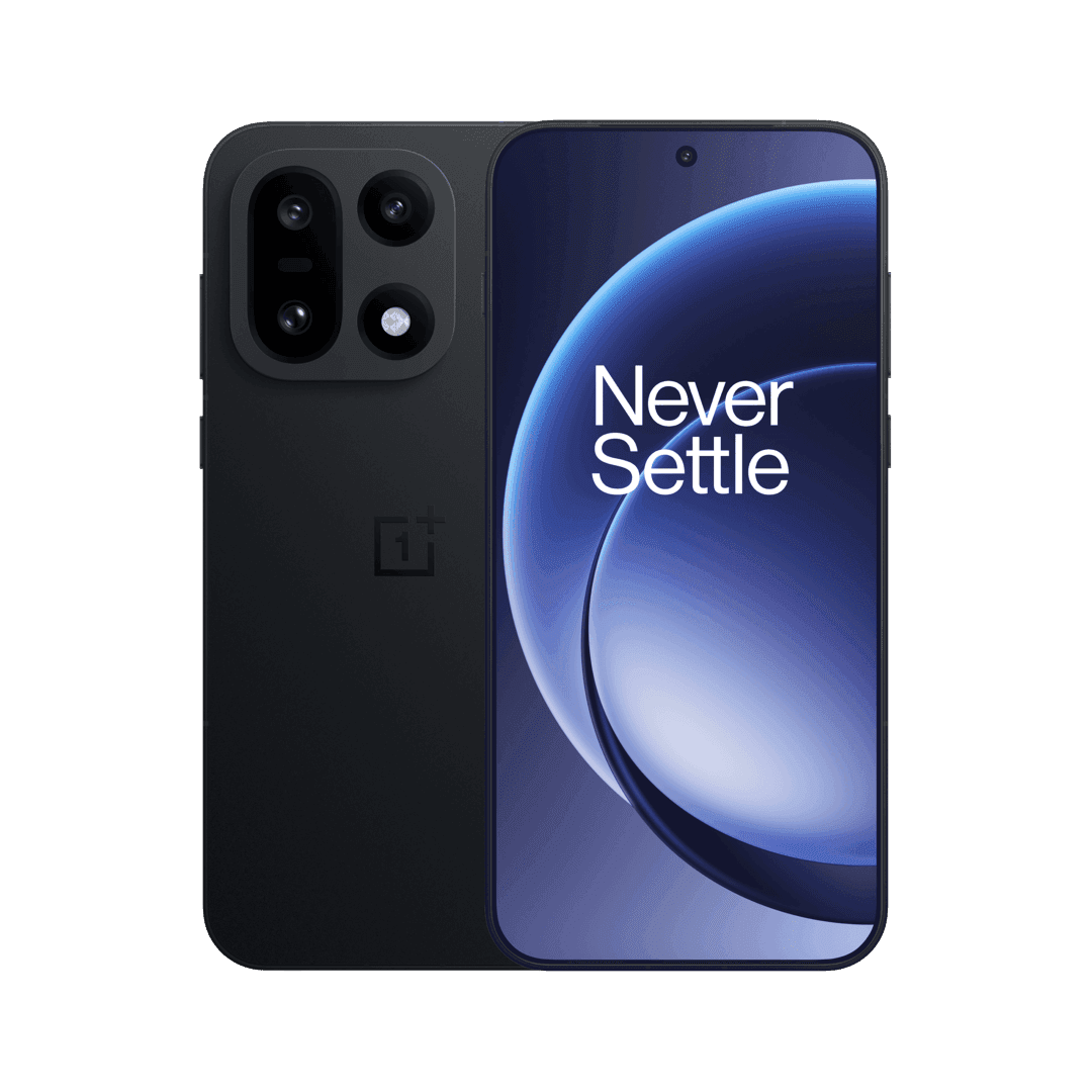 OnePlus 15 в черном цвете, вид спереди и сзади