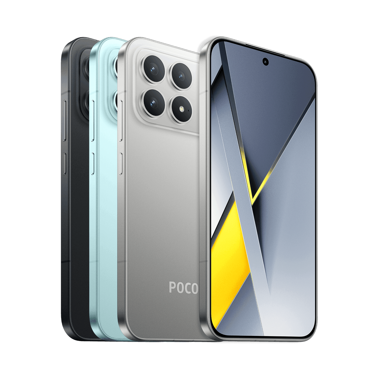 POCO F8 Pro в чёрном, серебристом и синем цветах, вид спереди и сзади