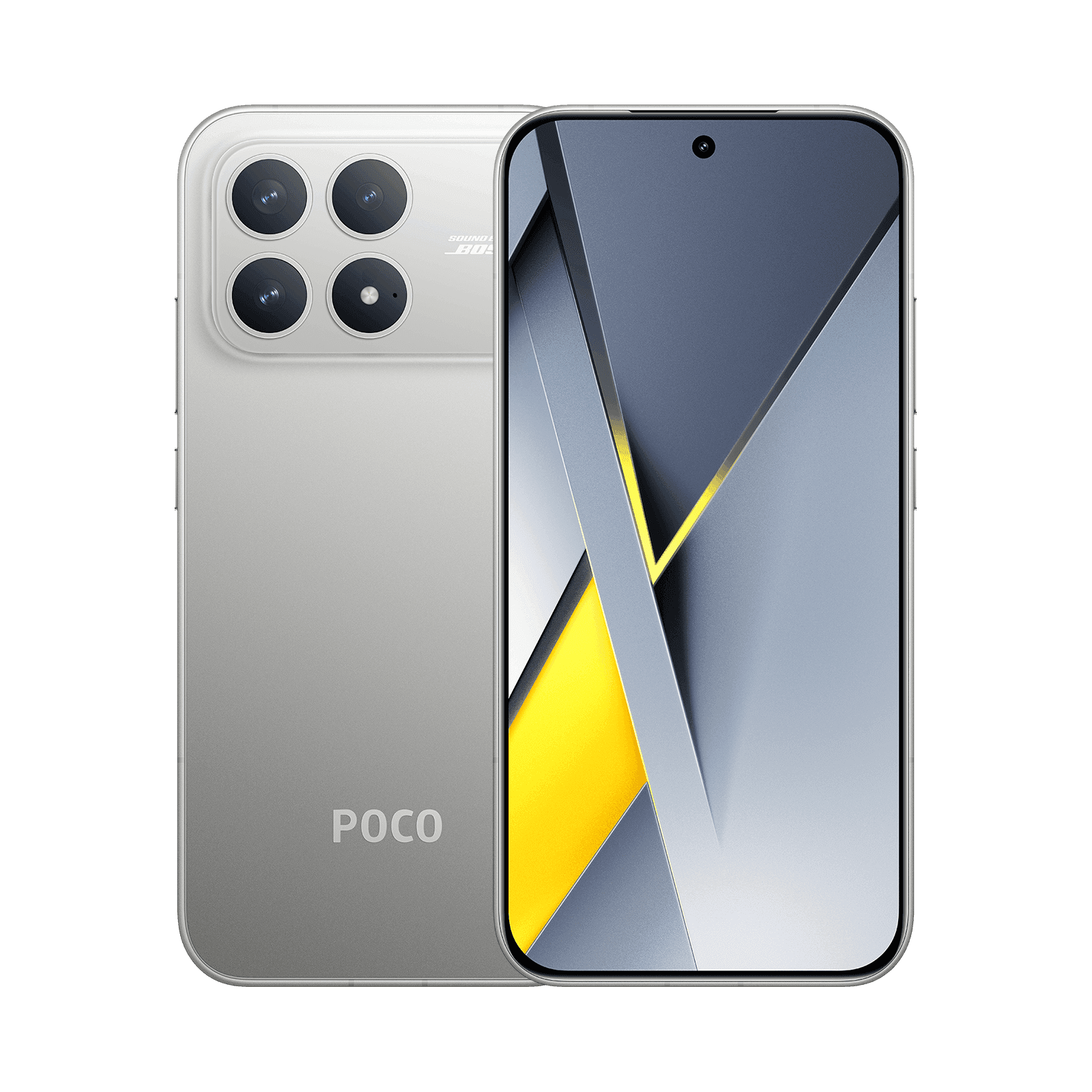 POCO F8 Pro в серебристом цвете, вид спереди и сзади