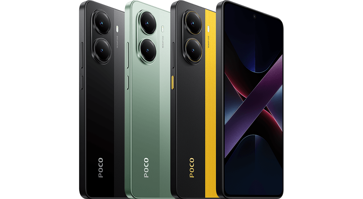 POCO X7 Pro в чёрном, зелёном и жёлтом цветах, вид спереди и сзади