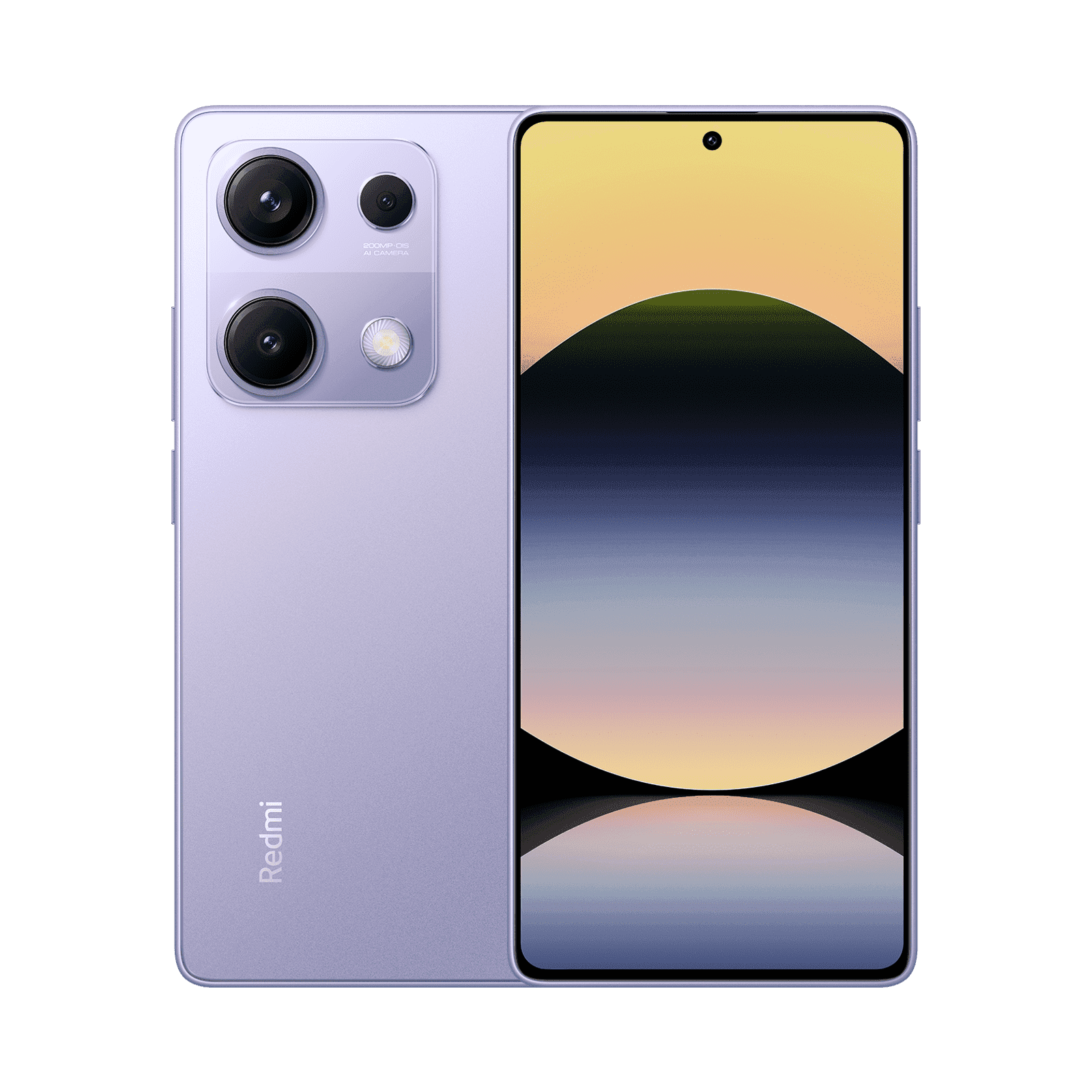Redmi Note 14S в фиолетовом цвете «Северное сияние», вид спереди и сзади