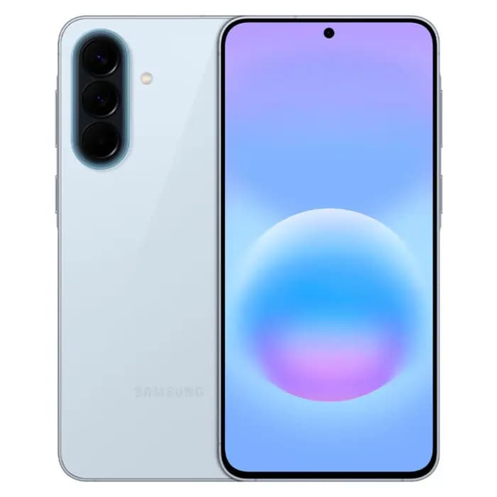 Samsung Galaxy A57 в голубом цвете, вид спереди и сзади