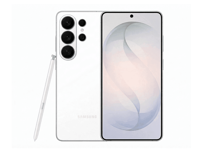 Samsung Galaxy S26 Ultra в белом цвете, вид спереди и сзади
