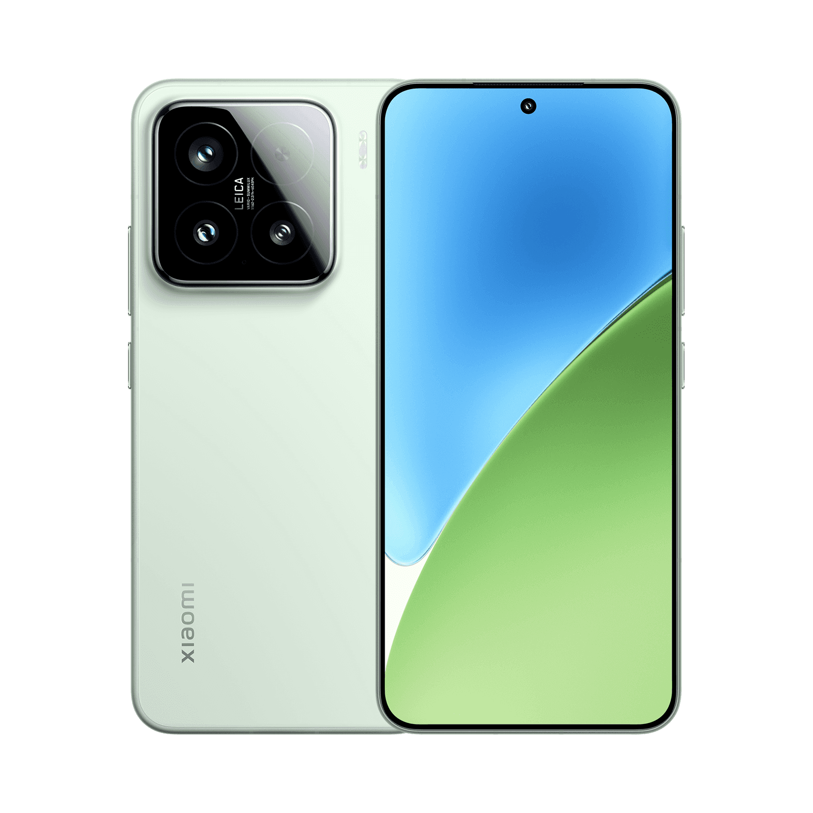 Xiaomi 15 в зелёном цвете, вид спереди и сзади