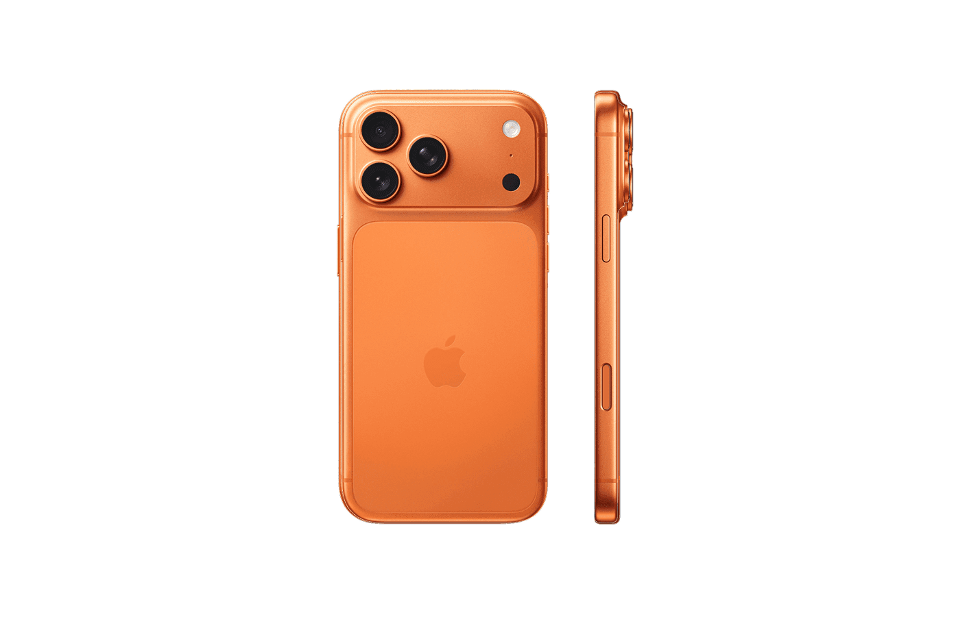 iPhone 17 Pro Max в цвете «Оранжевый», вид спереди и сзади