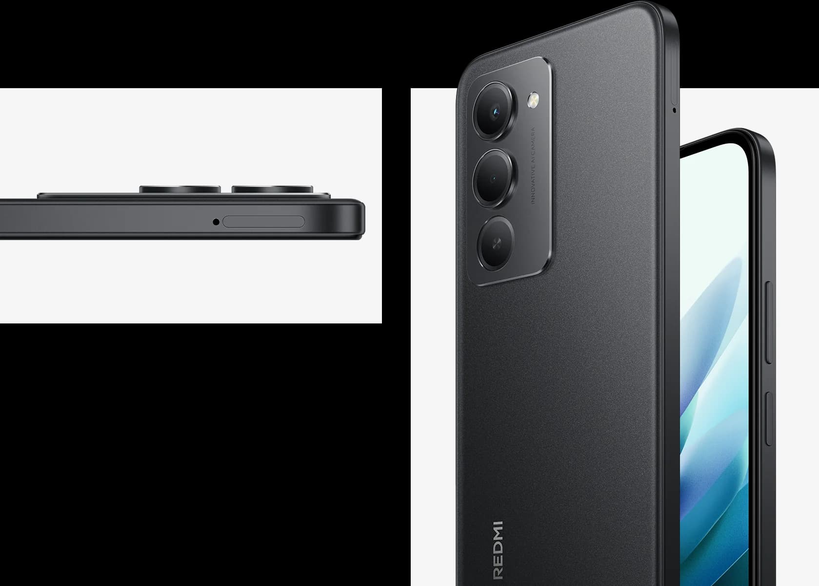 Redmi 15 в полуночно-чёрном цвете, вид спереди и сзади