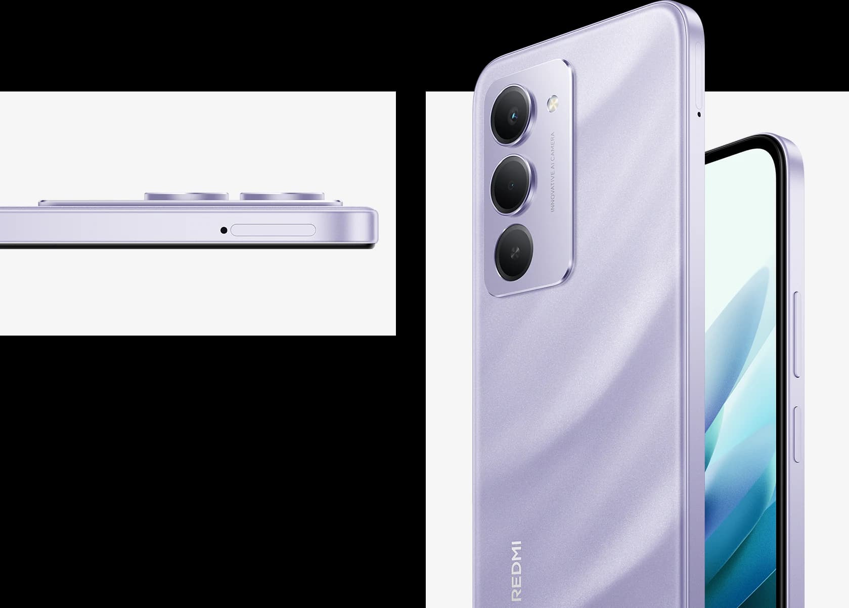 Redmi 15 в песочно-фиолетовом цвете, вид спереди и сзади