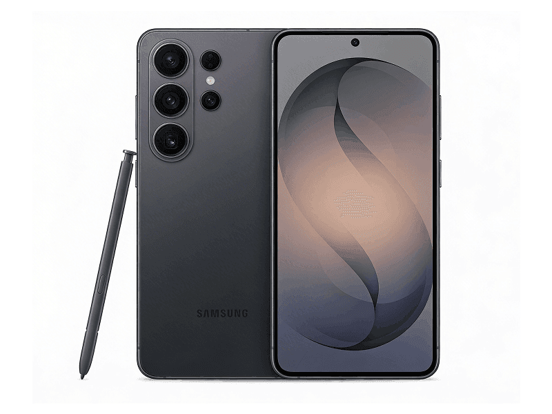 Samsung Galaxy S26 Ultra в чёрном цвете, вид спереди и сзади
