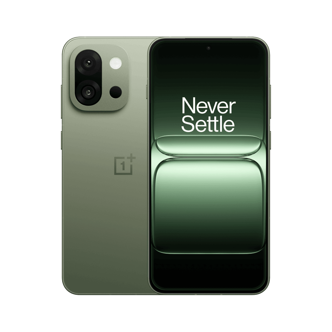 OnePlus 13s в зеленом цвете, вид спереди и сзади