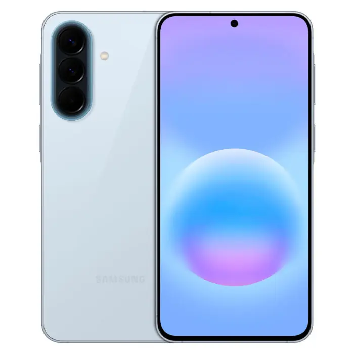 Samsung Galaxy A57 в голубом цвете, вид спереди и сзади